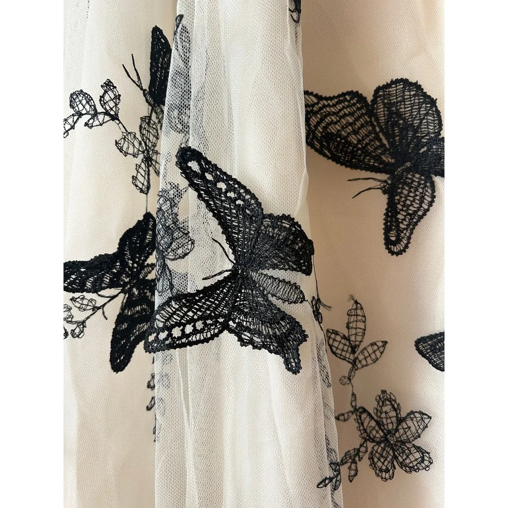 Tulle Midi Skirt Sz S White Black Butterfly Embroidered Mesh Fairy Y2K Ethereal